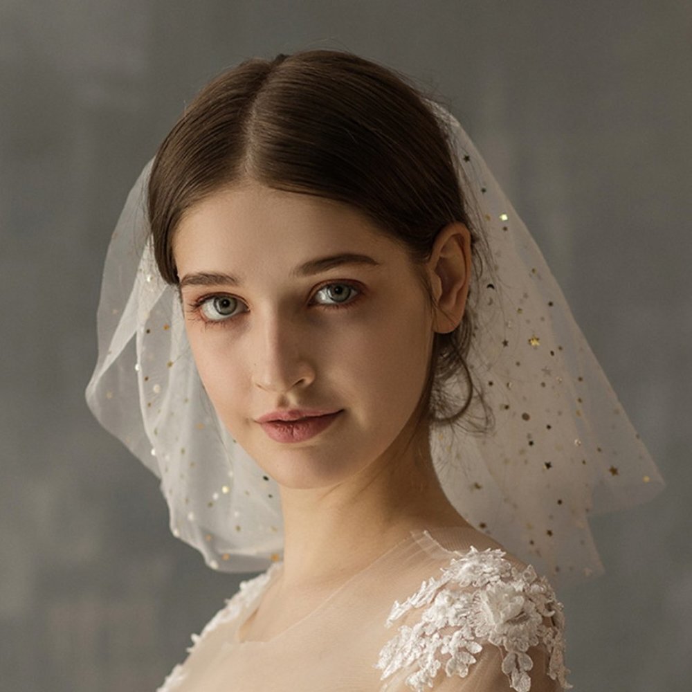 Wedding veil white bridal elegant shoulder short with gold stars elegant new